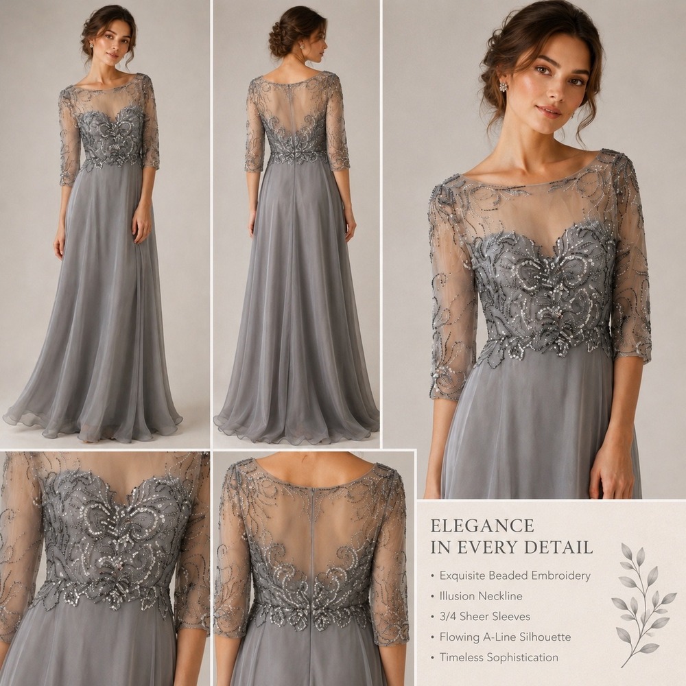 VM Collection Silver Beaded Illusion A-Line Evening Gown Dress 71010 Mens 14